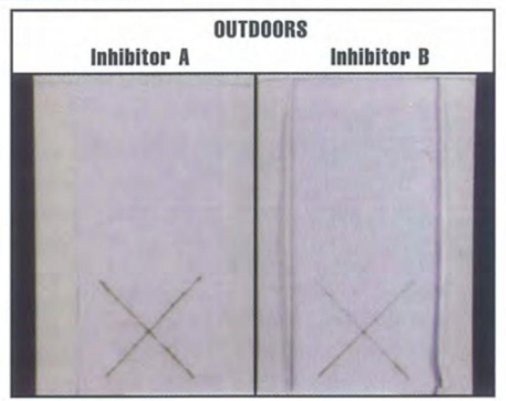經(jīng)過4年的工業(yè)暴露，兩個系統(tǒng)都表現(xiàn)出良好的性能，抑制劑B略勝一籌。與鹽霧結(jié)果相關(guān)性差。
