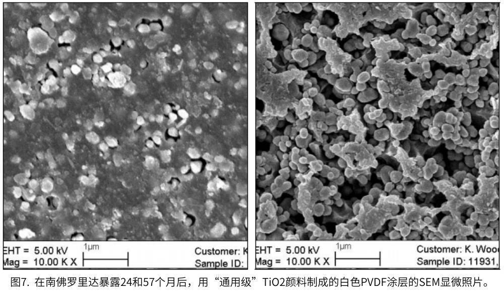 圖7.  在南佛羅里達(dá)暴露24和57個月后，用“通用級”TiO2顏料制成的白色PVDF涂層的SEM顯微照片