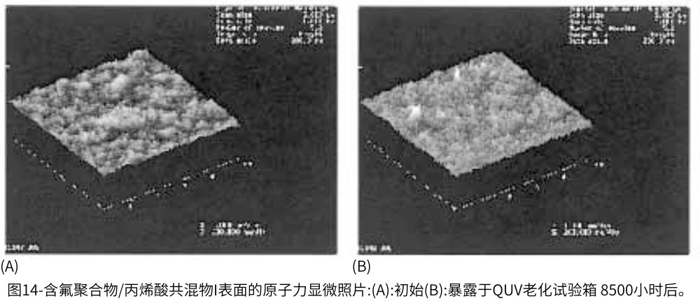 圖14-含氟聚合物/丙烯酸共混物I表面的原子力顯微照片:(A):初始(B):暴露于QUV紫外加速老化試驗(yàn)機(jī)8500小時(shí)后的情況