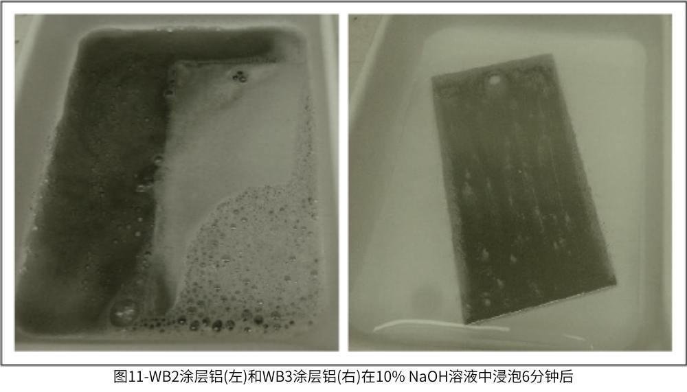 圖11-WB2涂層鋁(左)和WB3涂層鋁(右)在10% NaOH溶液中浸泡6分鐘后