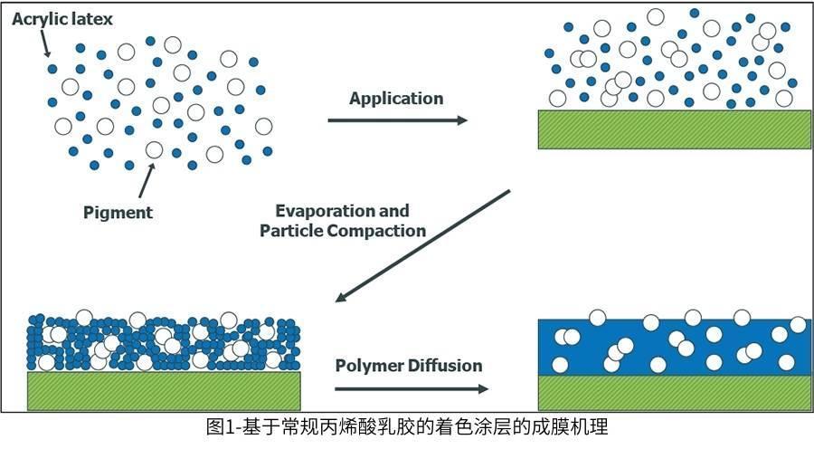 圖1-基于常規(guī)丙烯酸乳膠的著色涂層的成膜機(jī)理