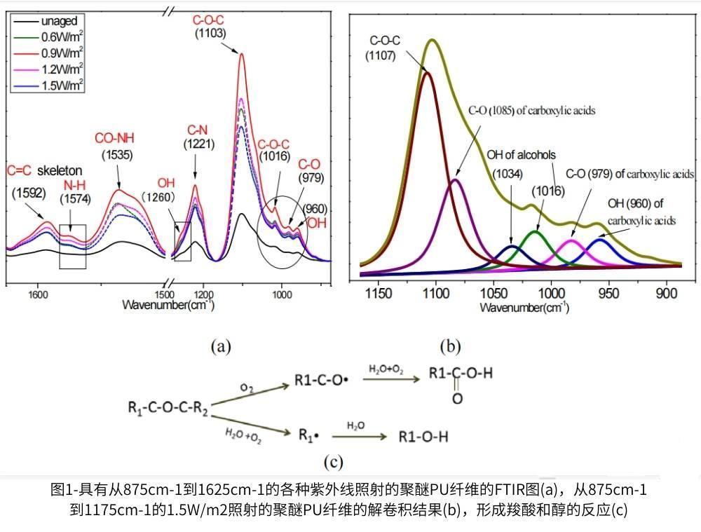 圖1a顯示了從875cm-1到1625cm-1的QUV加速老化樣品的FTIR分析結果